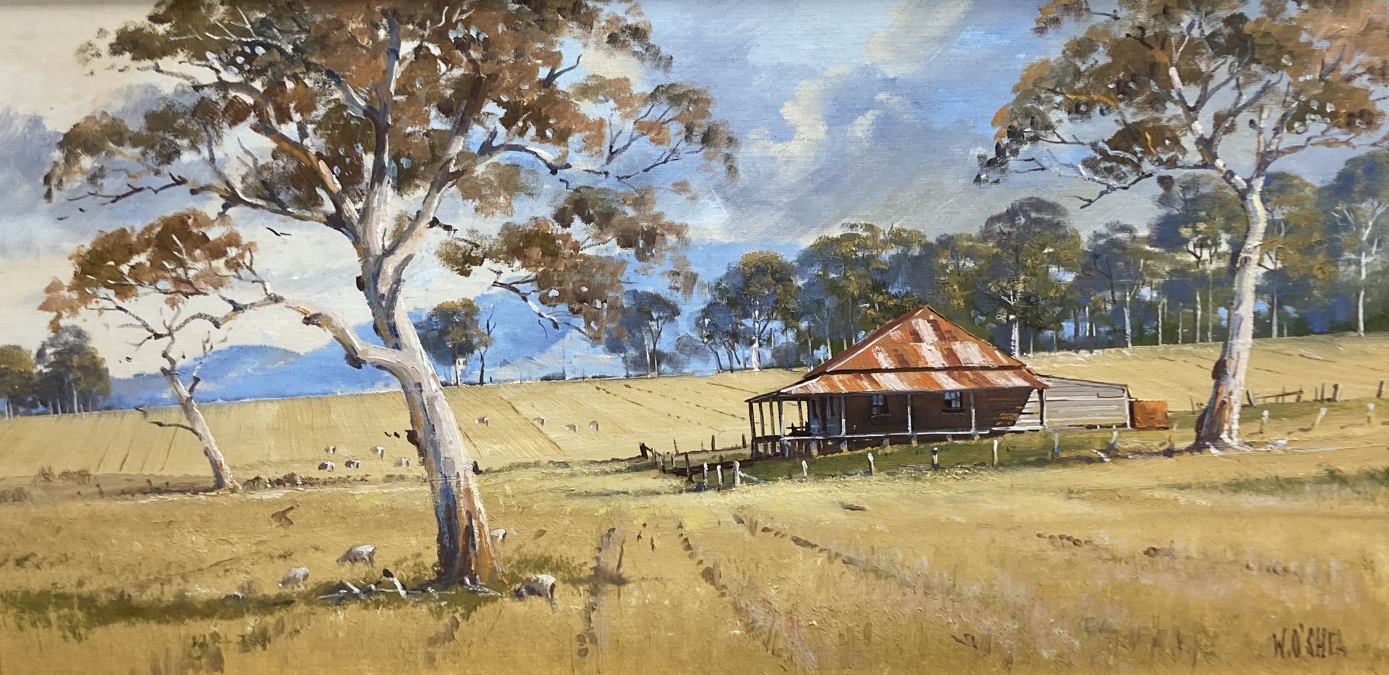 William OShea (Australian, 1934-), acrylic on card, On The Stubble, signed, 37 x 76cm